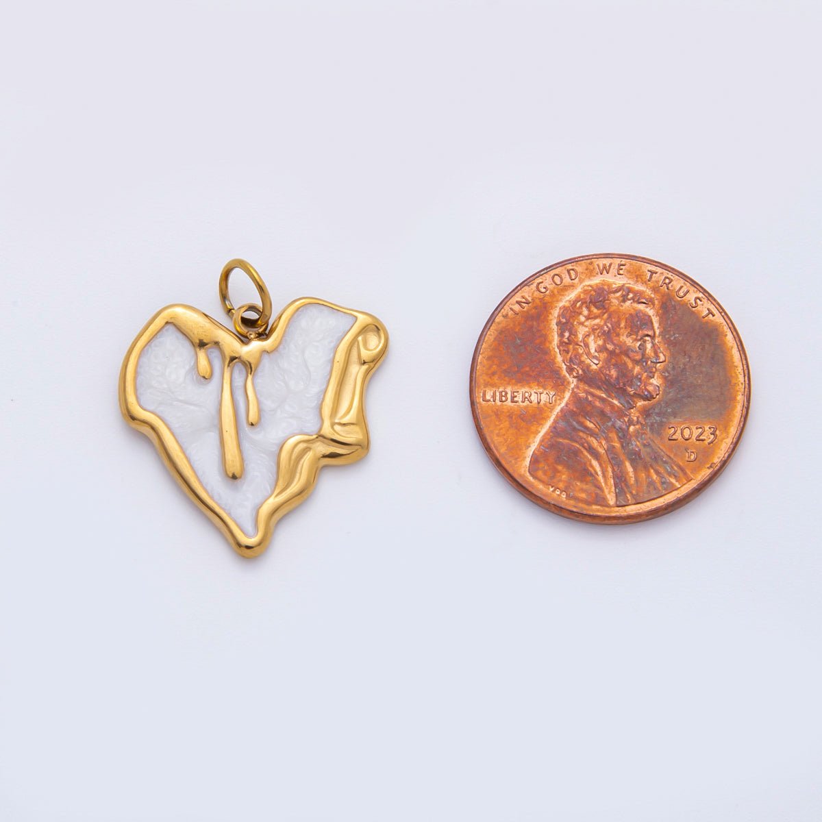 Stainless Steel 21.5mm Pink, White Enamel Molten Drip Heart Charm | C319 - DLUXCA