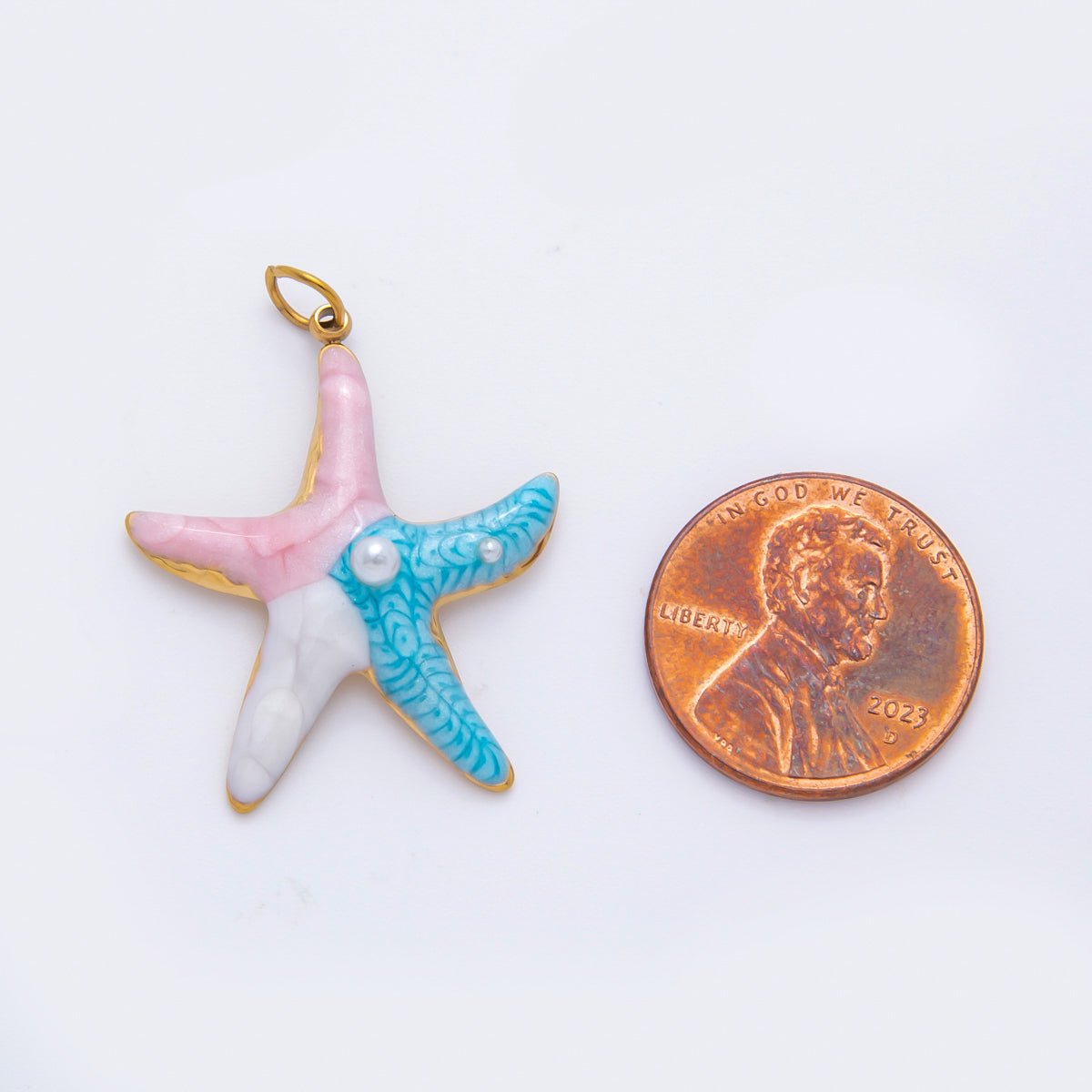 Stainless Steel 21mm Enamel Art Shell Pearl Starfish Ocean - Inspired Charm | AH - 928 - DLUXCA
