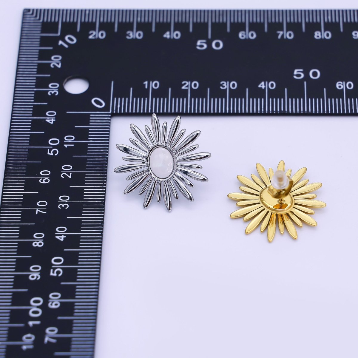 Stainless Steel 24.5mm White Flower Stud Earrings in Gold & Silver | AI531 AJ008 - DLUXCA