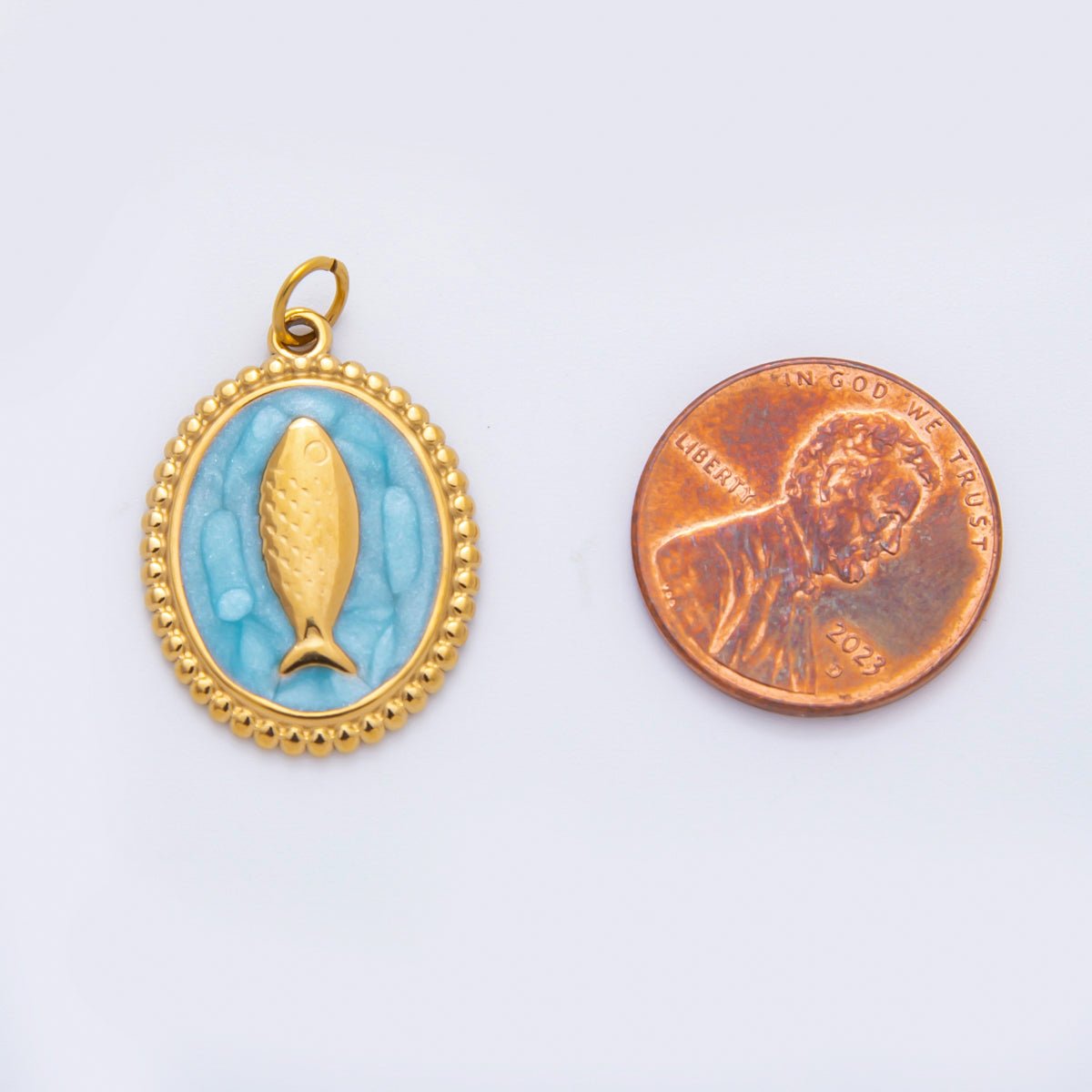 Stainless Steel 27mm Blue, White, Pink Sardine Fish Dotted Outline Oval Charm | C277 C293 - DLUXCA