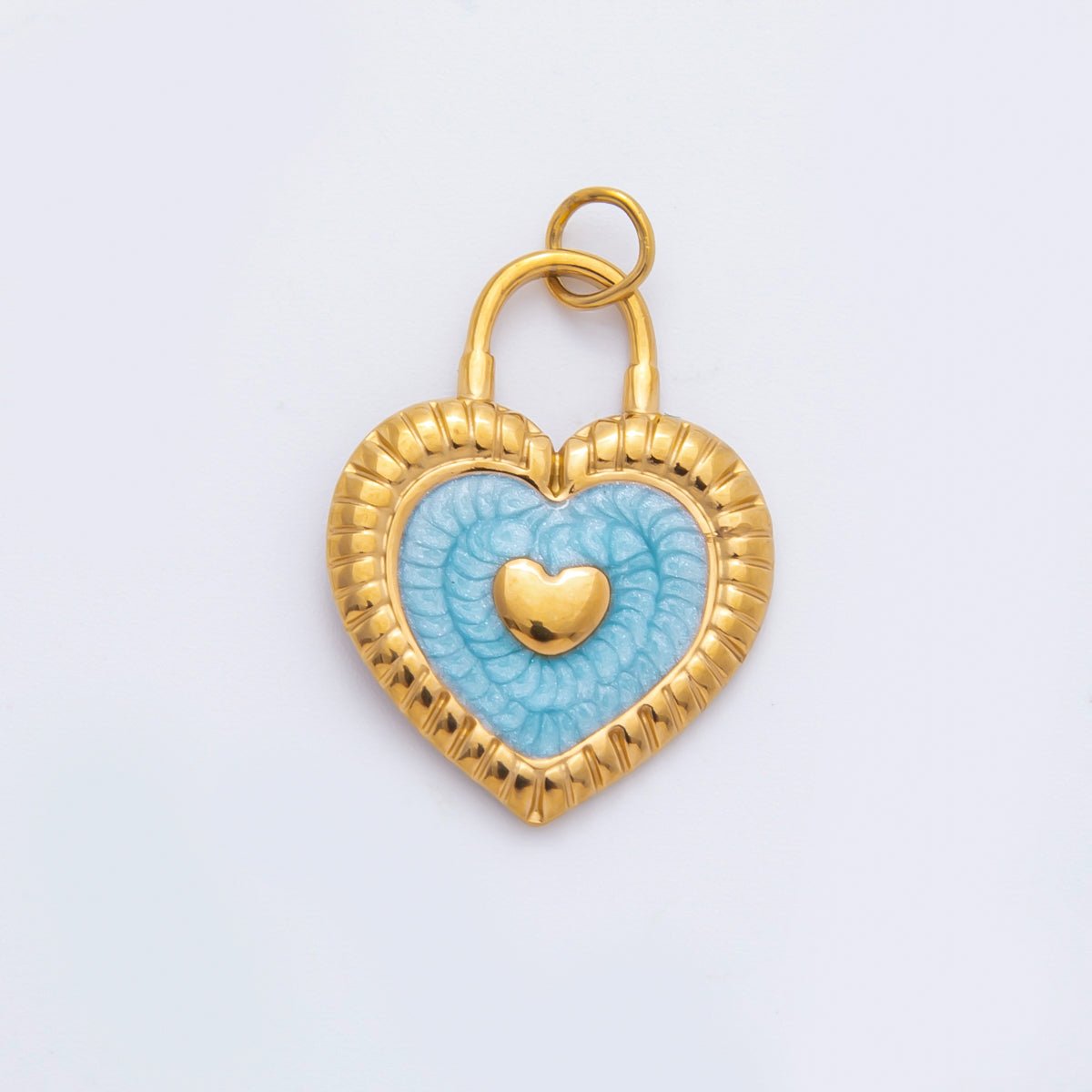 Stainless Steel 27mm Pink, Blue Enamel Ribbed Heart Padlock Charm | C316 - DLUXCA