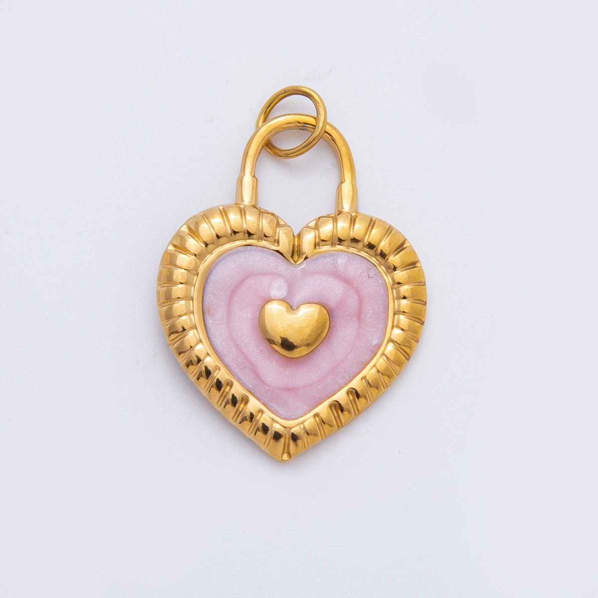 Stainless Steel 27mm Pink, Blue Enamel Ribbed Heart Padlock Charm | C316 - DLUXCA
