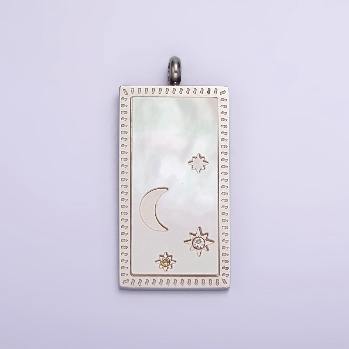 Stainless Steel 30mm Celestial Crescent Moon Star Shell Pearl Rectangular Tag Charm in Gold & Silver | P - 669 P - 670 - DLUXCA