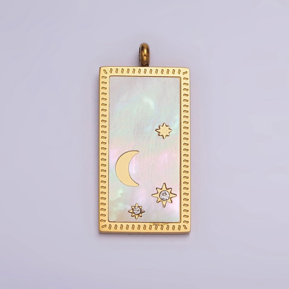 Stainless Steel 30mm Celestial Crescent Moon Star Shell Pearl Rectangular Tag Charm in Gold & Silver | P - 669 P - 670 - DLUXCA