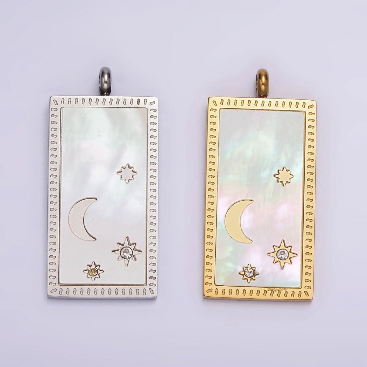 Stainless Steel 30mm Celestial Crescent Moon Star Shell Pearl Rectangular Tag Charm in Gold & Silver | P - 669 P - 670 - DLUXCA
