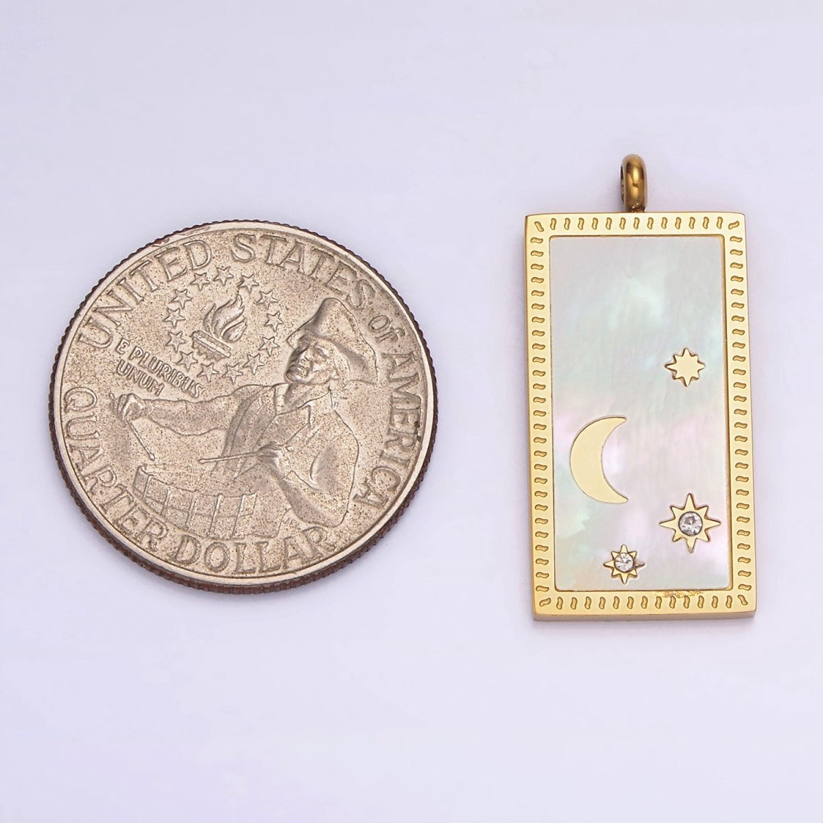 Stainless Steel 30mm Celestial Crescent Moon Star Shell Pearl Rectangular Tag Charm in Gold & Silver | P - 669 P - 670 - DLUXCA