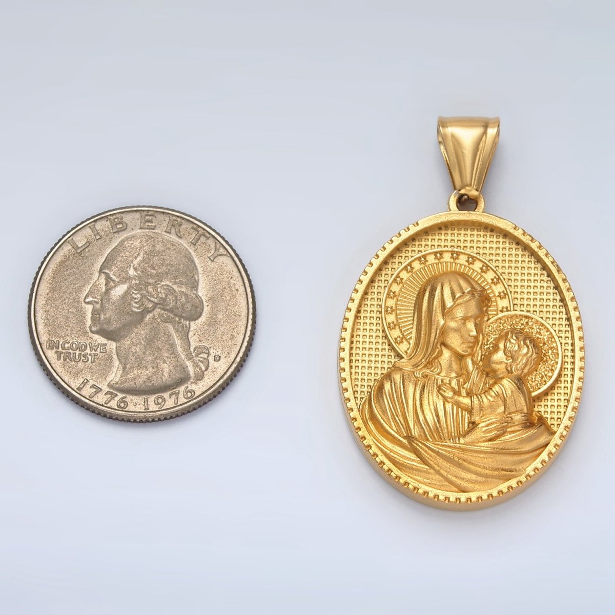 Stainless Steel 40mm Religious Portrait Mary Baby Jesus Oval Pendant | P1474 - DLUXCA