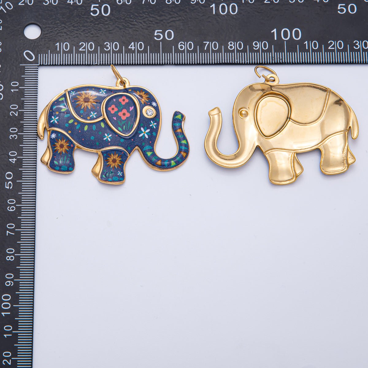 Stainless Steel 46mm Blue Flower Enamel CZ Elephant Statement Charm | J898 - DLUXCA