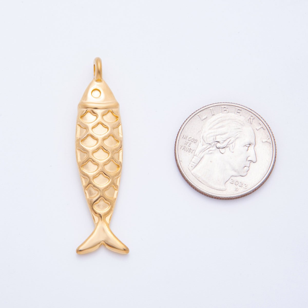 Stainless Steel 48.5mm Textured Fish Charm Pendant | J631 - DLUXCA
