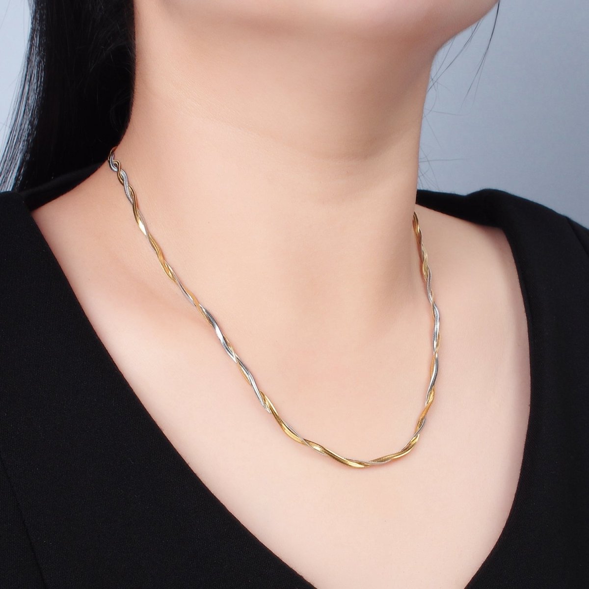Stainless Steel 4mm Intertwining Herringbone Chains 17.9 Inch Necklace, Gold Mixed Metal or Silver Tone | WA - 2614, WA - 2615 - DLUXCA