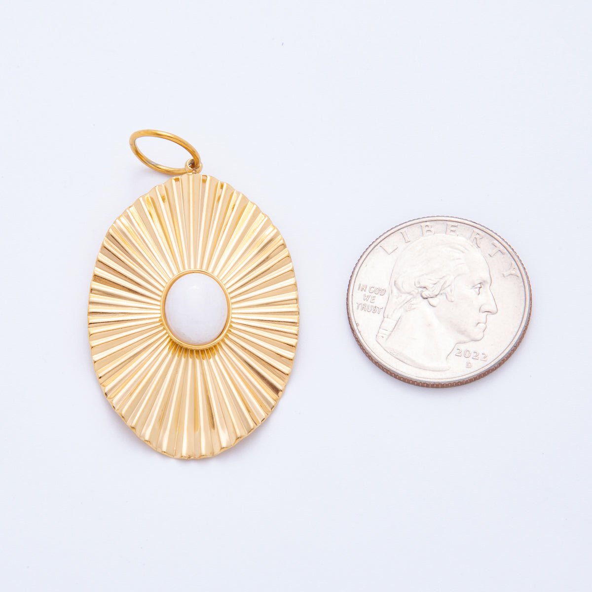 Stainless Steel 50mm White Jade Gemstone Cabochon Sunburst Oval Charm | J488 - DLUXCA