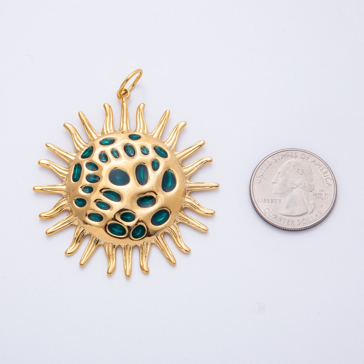 Stainless Steel 56mm Green Celestial Sun Burst Round Statement Charm | J907 - DLUXCA