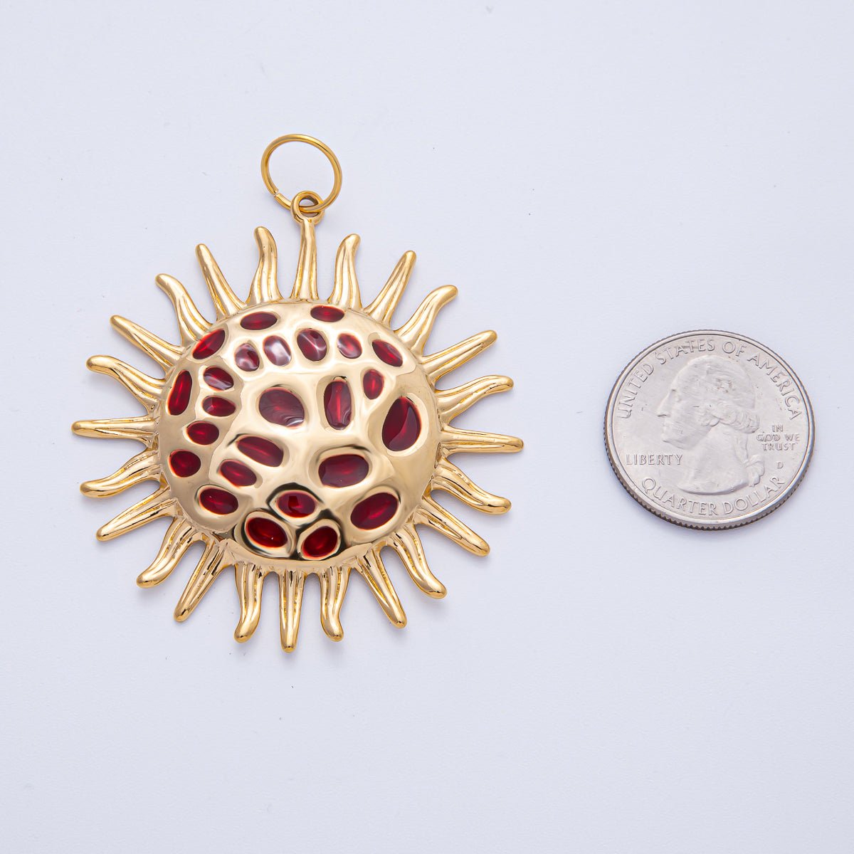 Stainless Steel 56mm Red Celestial Sun Burst Round Statement Charm | J907 - DLUXCA