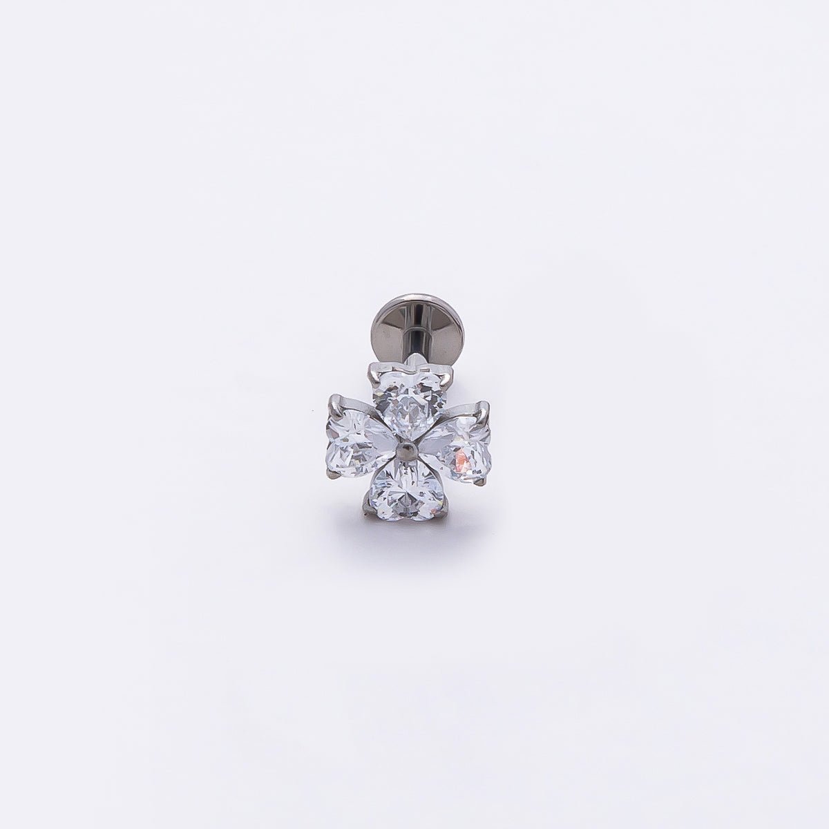 Stainless Steel 6.6mm Clear CZ Heart Clover Single Cartilage Piercing Flat Back Stud in Gold & Silver | Findings-00184 Findings-00185 - DLUXCA