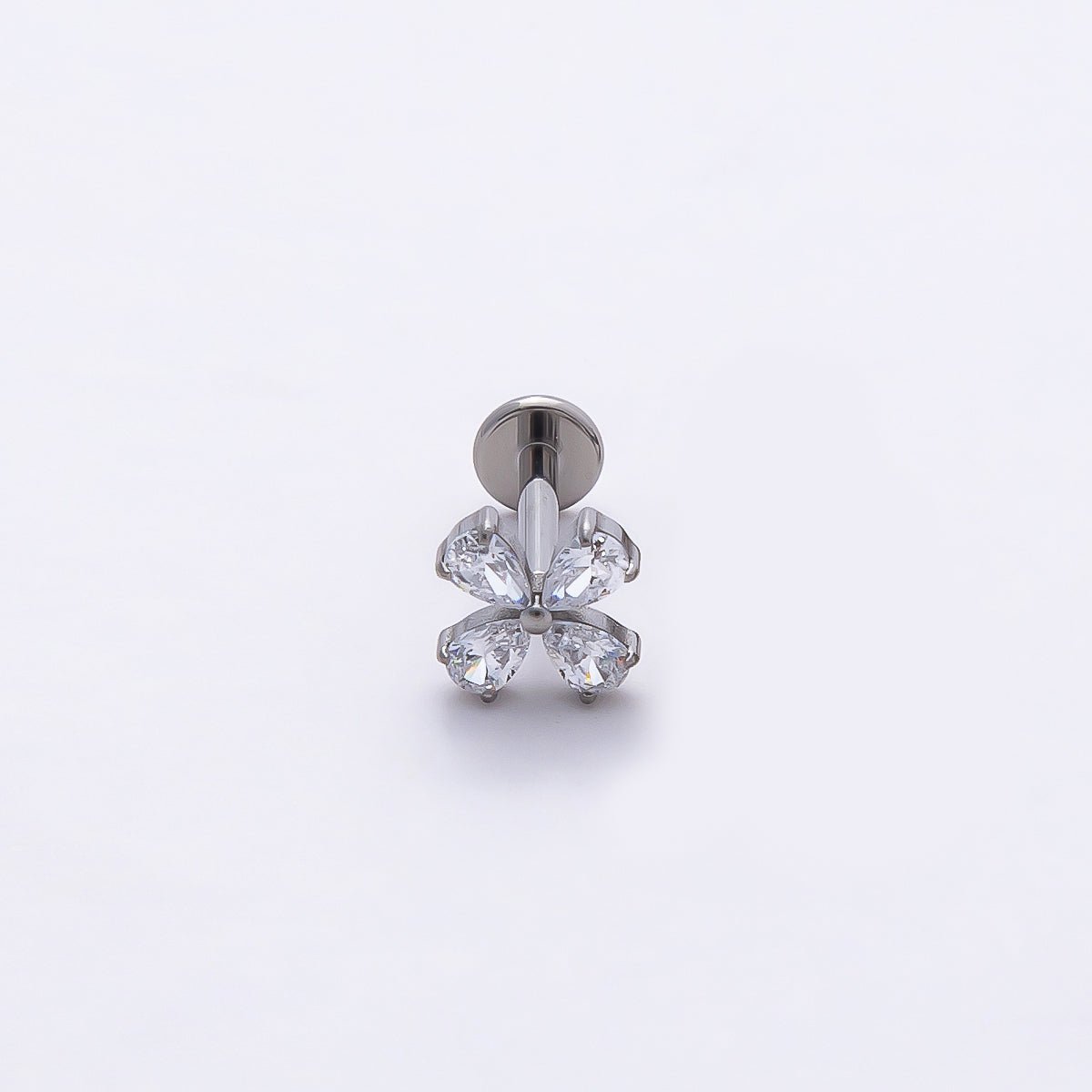 Stainless Steel 6mm Clear CZ Teardrop Flower Single Cartilage Piercing Flat Back Stud | Findings-00205 - DLUXCA