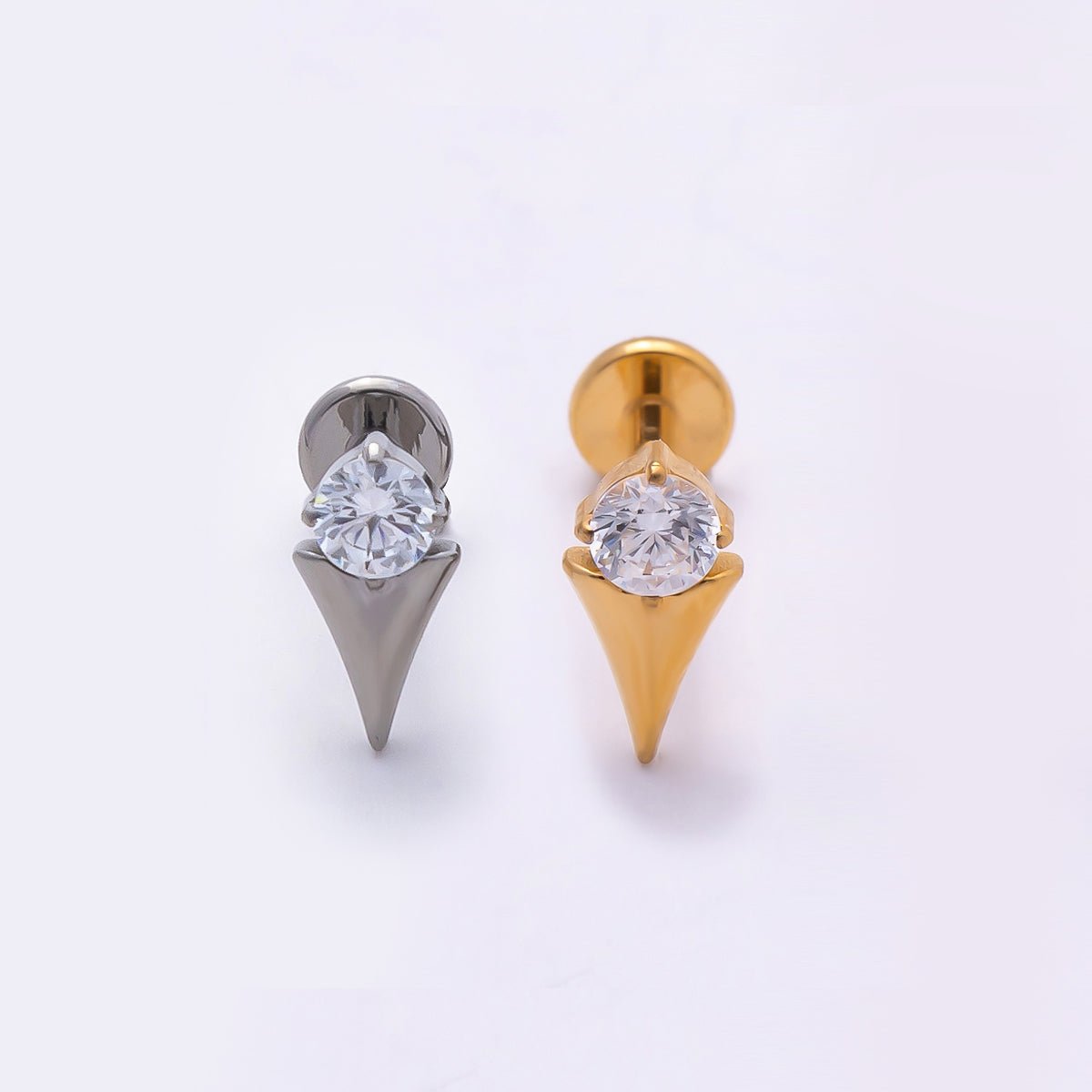 Stainless Steel 8mm Clear CZ Round Spiked Single Cartilage Piercing Flat Back Stud | Findings-00226 Findings-00227 - DLUXCA