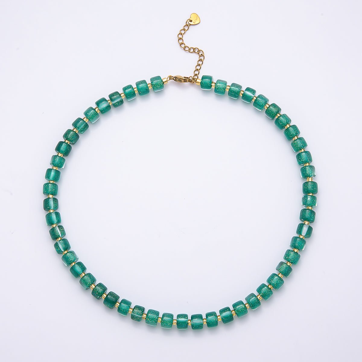 Stainless Steel 8mm Green, Purple, Multicolor, Blue, Purple, Pink, Orange, White Glitter Resin Rondelle Bead 16 Inch Necklace w. Extender | WA-04565 ~ WA-04572 - DLUXCA
