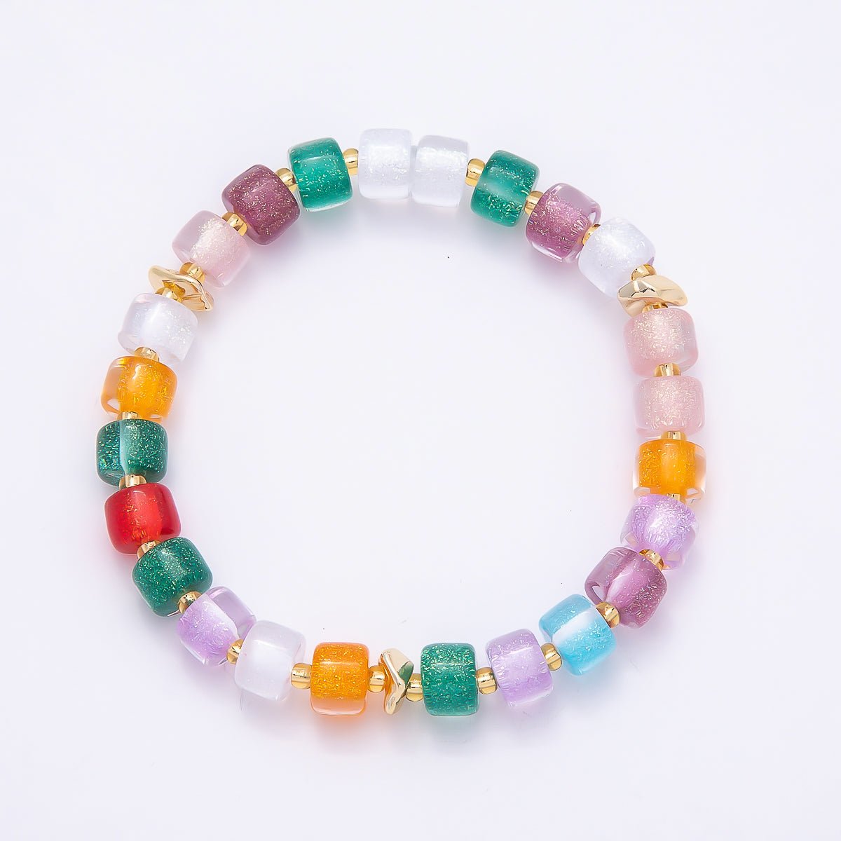 Stainless Steel 8mm Multicolor, Purple, Orange, Pink, Green, White, Blue Glitter Resin Rondelle Bead 7 Inch Stretch Bracelet | WA-04581 - WA-04588 - DLUXCA