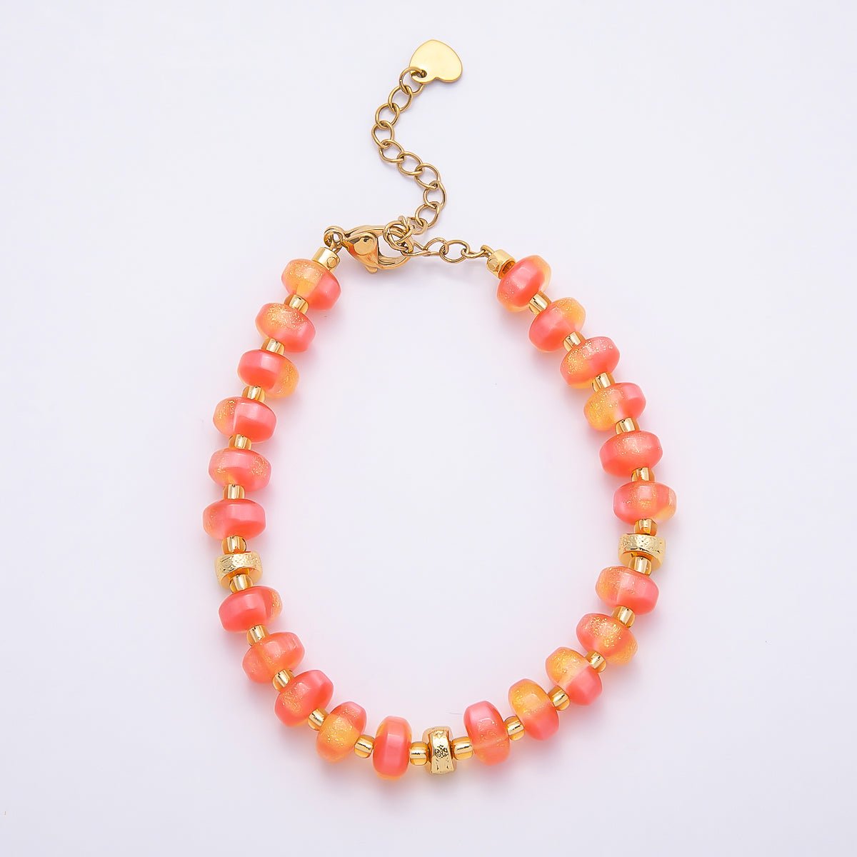 Stainless Steel 8mm Orange, Yellow, Blue, Green, Pink Glitter Rondelle Bead Resin 7 Inch Bracelet w. Extender | WA-04554 ~ WA-04558 - DLUXCA