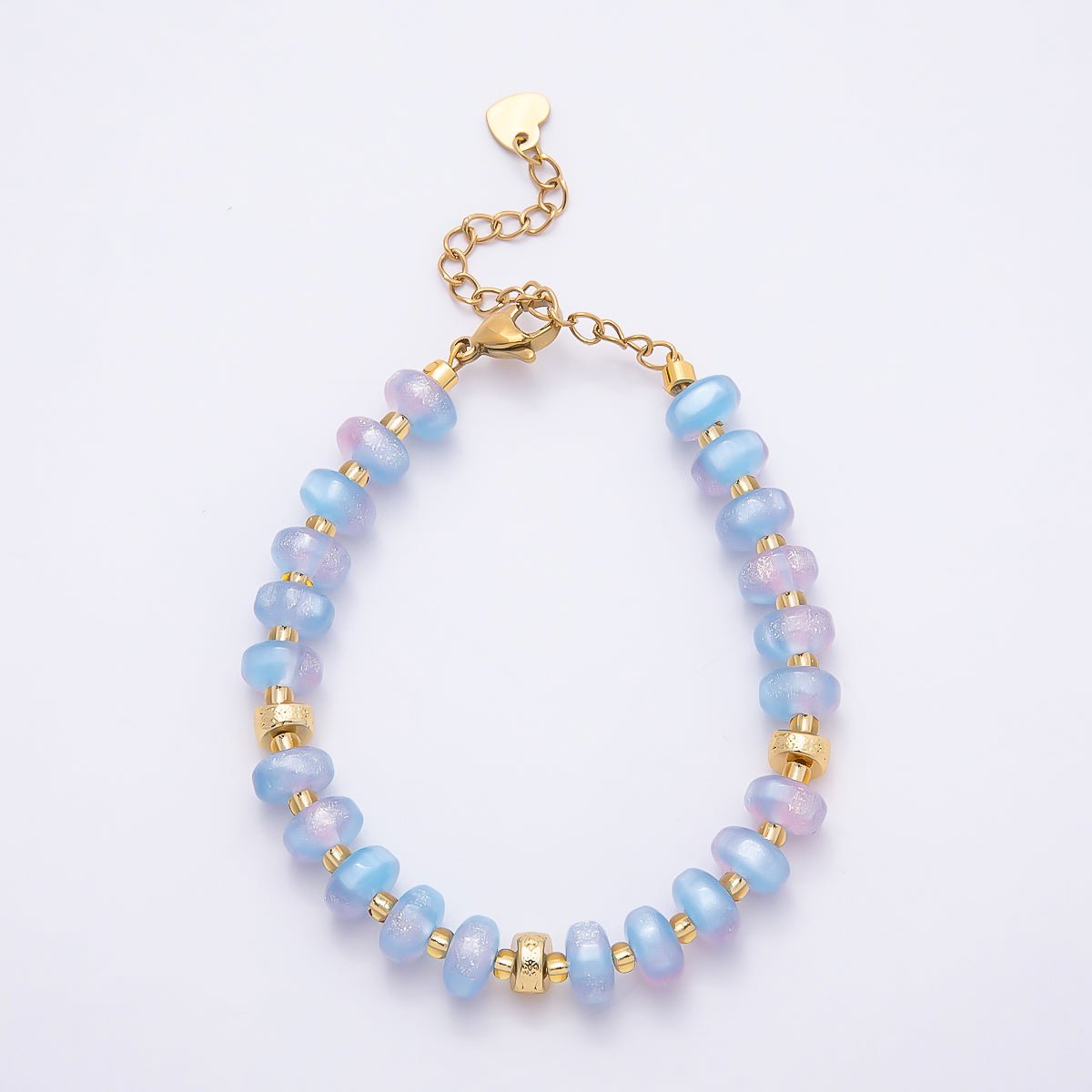 Stainless Steel 8mm Orange, Yellow, Blue, Green, Pink Glitter Rondelle Bead Resin 7 Inch Bracelet w. Extender | WA-04554 ~ WA-04558 - DLUXCA