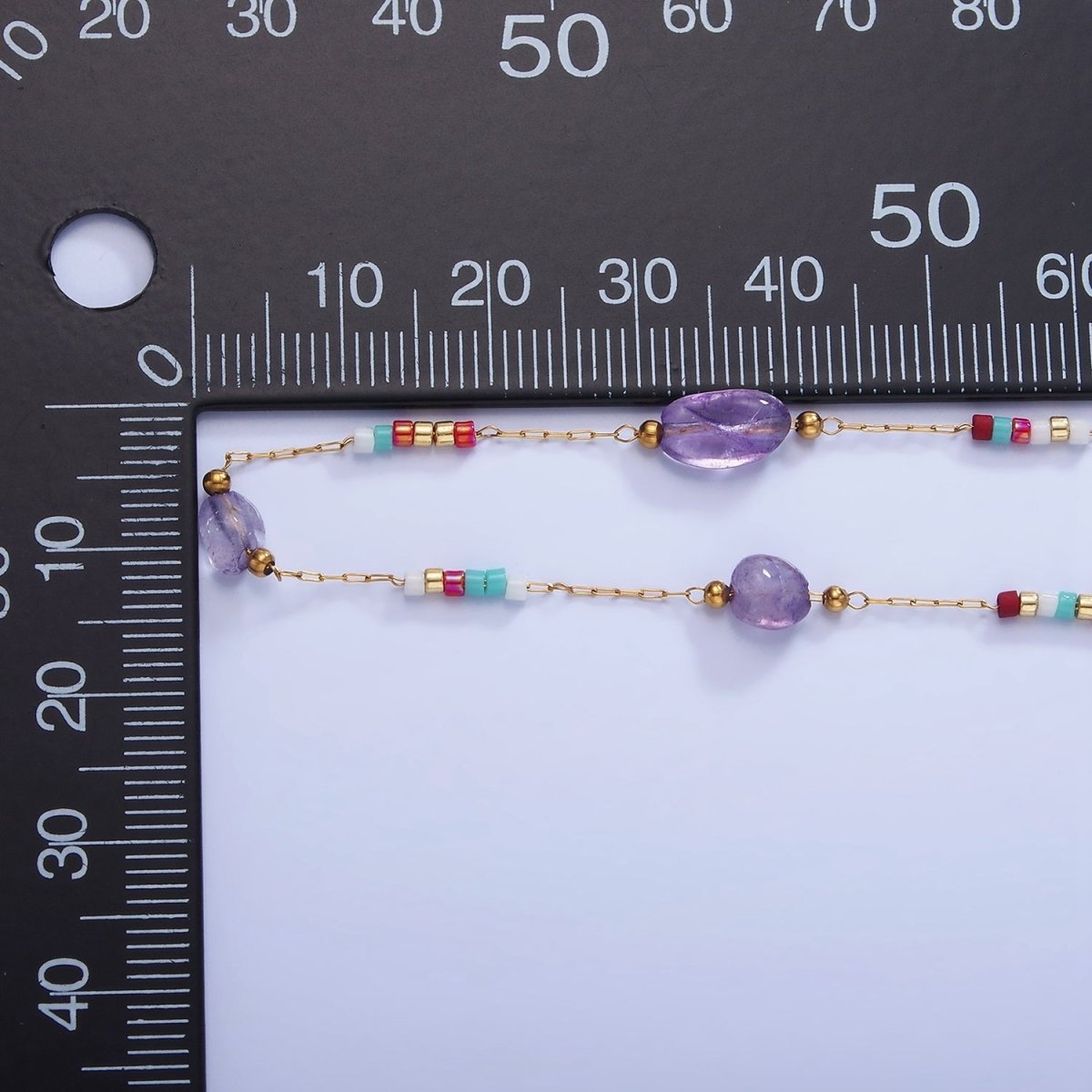Stainless Steel Amethyst Gemstone Multicolor Rhondelle Bead Paperclip Chain by Yard | Roll-1512 - DLUXCA