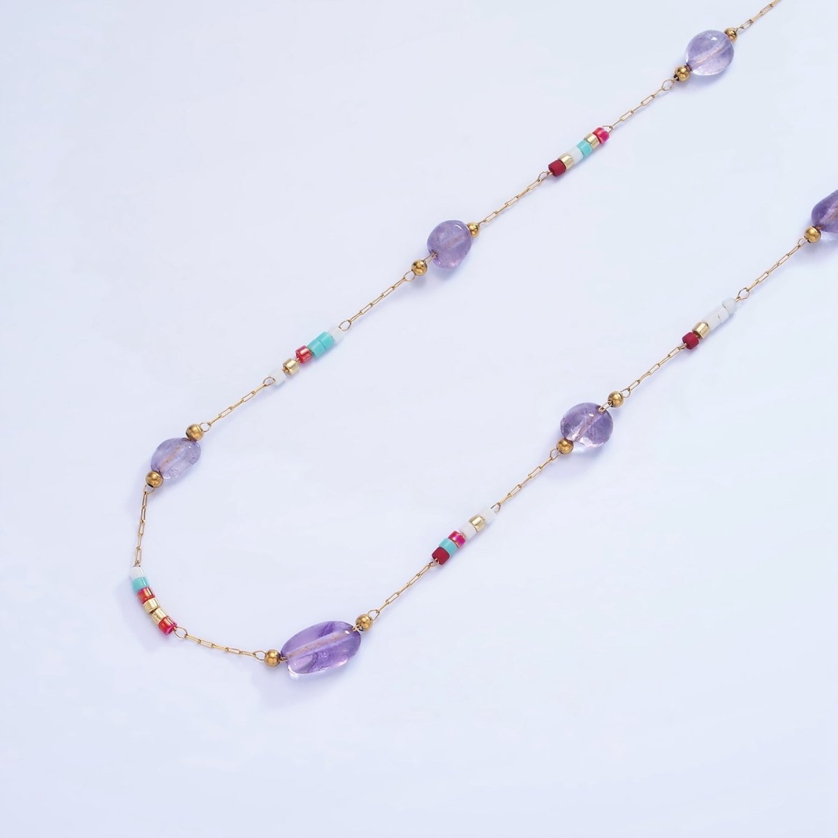 Stainless Steel Amethyst Gemstone Multicolor Rhondelle Bead Paperclip Chain by Yard | Roll-1512 - DLUXCA