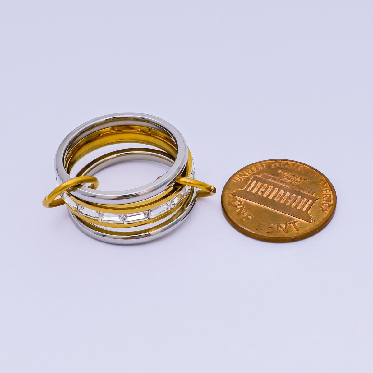 Stainless Steel Baguette CZ Three - in - One Center point Ring | O - 1446 - DLUXCA