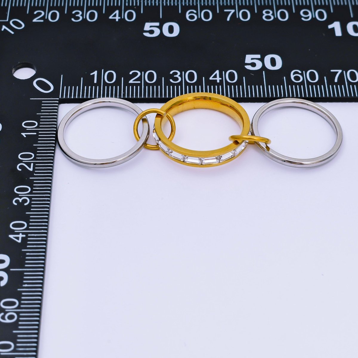 Stainless Steel Baguette CZ Three - in - One Center point Ring | O - 1446 - DLUXCA