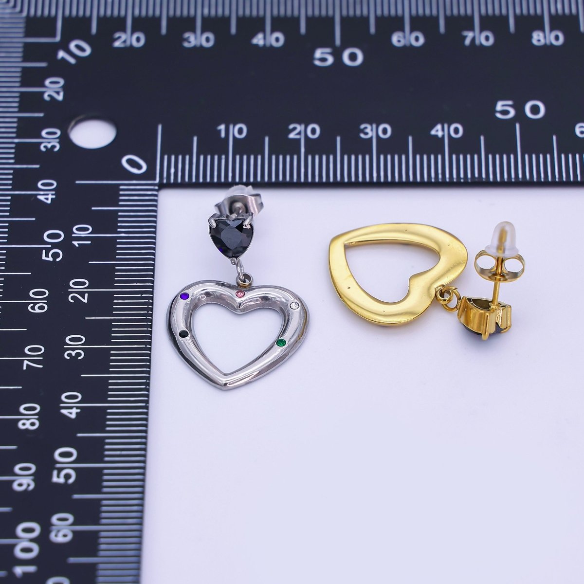 Stainless Steel Black CZ Multicolor Dotted Double Heart Drop Stud Earrings in Gold & Silver | AI533 AJ009 - DLUXCA