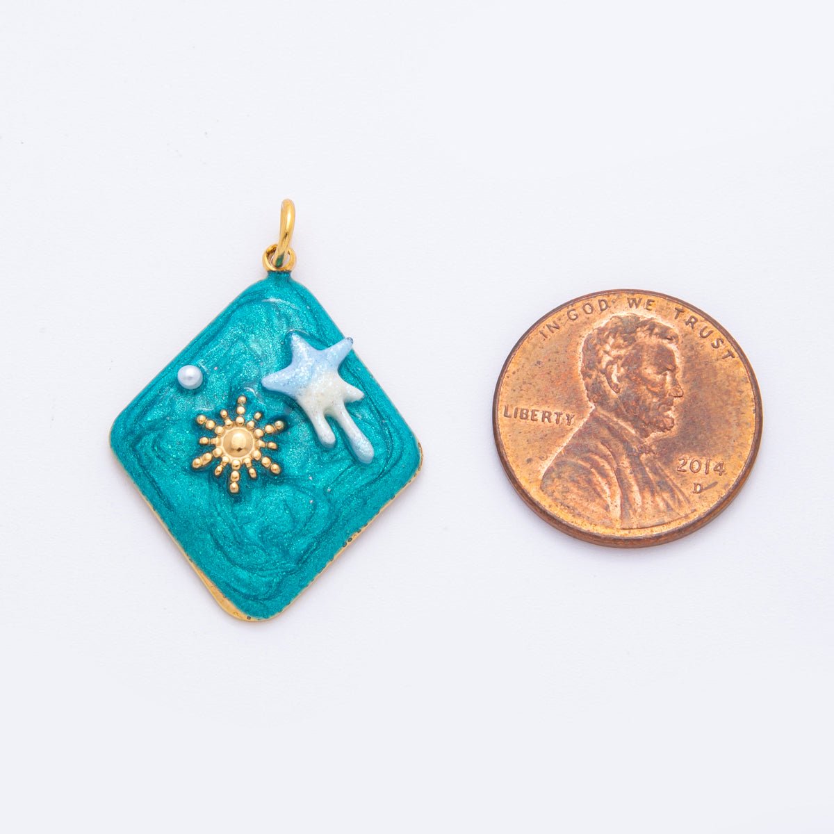 Stainless Steel Celestial Shooting Star Sun Blue Enamel Rhombus Charm | J454 - DLUXCA