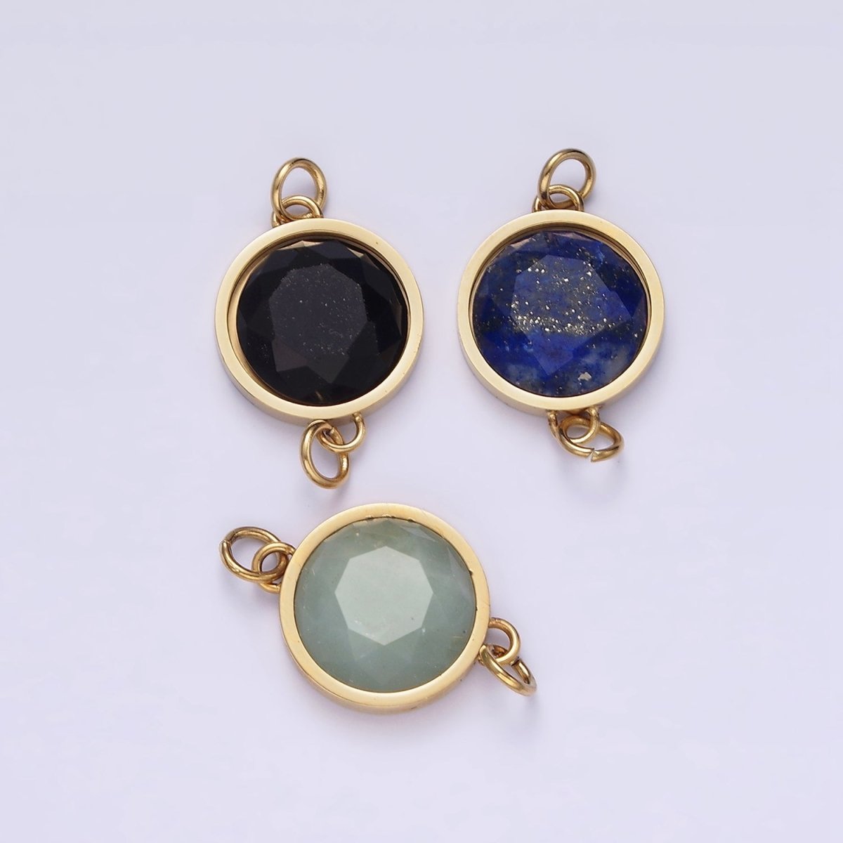Stainless Steel Charm Connector Black Onyx, Blue Lapiz Multifaceted Round Bezel Link Connector | G713 G714 - DLUXCA