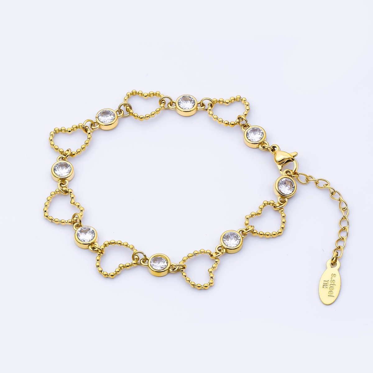 Stainless Steel Clear CZ Round Open Beaded Bubble Heart 6.5 Inch Bracelet | WA - 4009 - DLUXCA