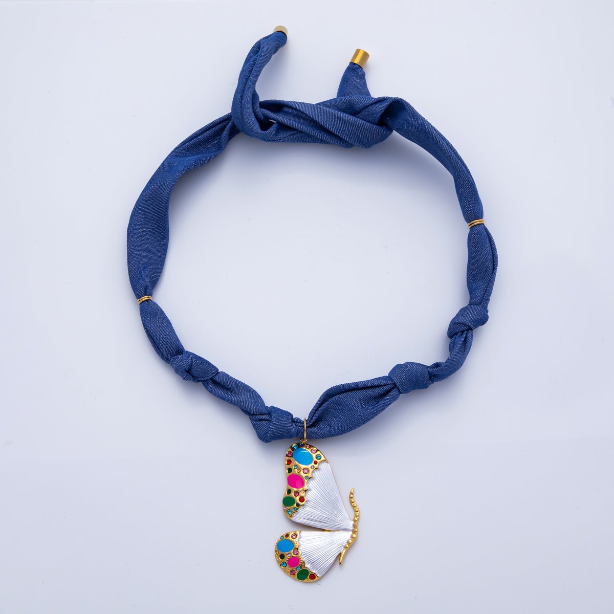 Stainless Steel Colorful White Butterfly Wings CZ Blue Denim Scarf Handmade Necklace | WA - 3980 - DLUXCA