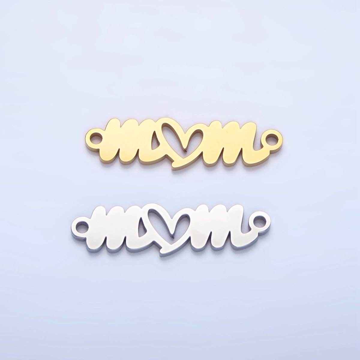 Stainless Steel Cursive "Mom" Heart Charm Connector in Gold & Silver | G - 457 - DLUXCA