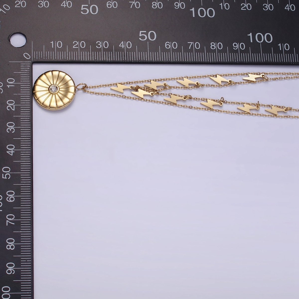 Stainless Steel CZ Round Lightning Bolt Cable Chain Double Layering Necklace | WA - 2541 - DLUXCA