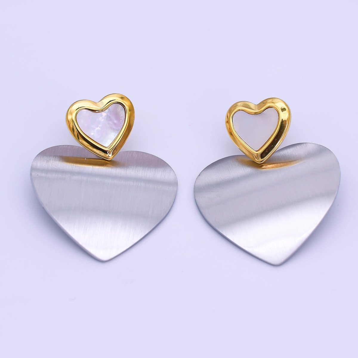 Stainless Steel Double Heart Mixed Metal Drop Stud Earrings in Gold & Silver | AJ017 AJ018 - DLUXCA