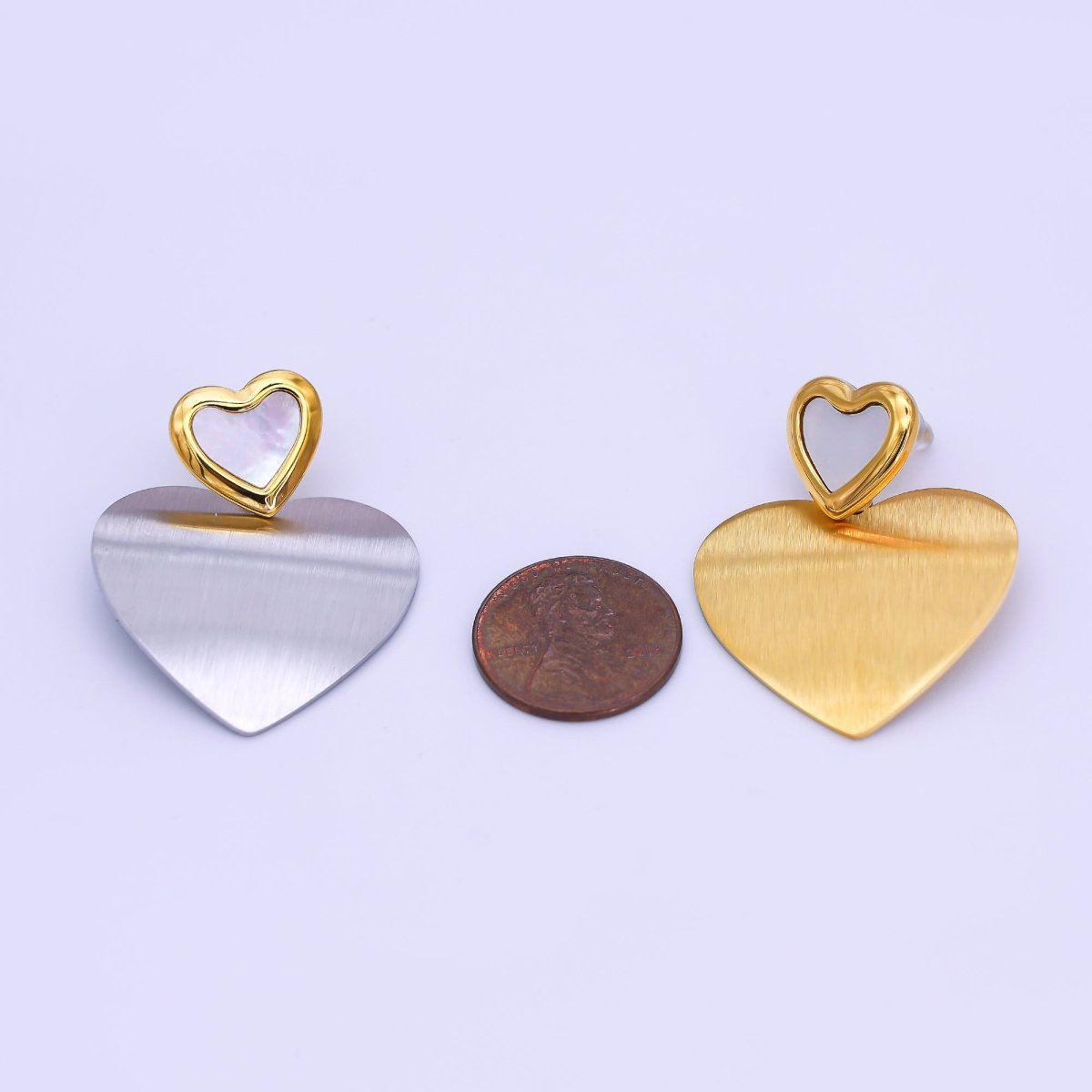 Stainless Steel Double Heart Mixed Metal Drop Stud Earrings in Gold & Silver | AJ017 AJ018 - DLUXCA