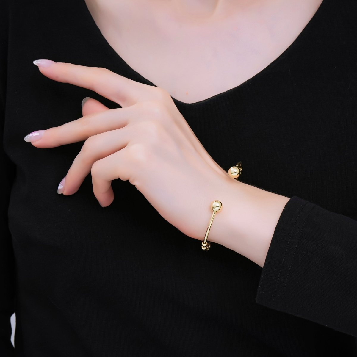 Stainless Steel Double Round Beads Orb Simple Round Cuff Bangle Bracelet | WA - 3409 - DLUXCA