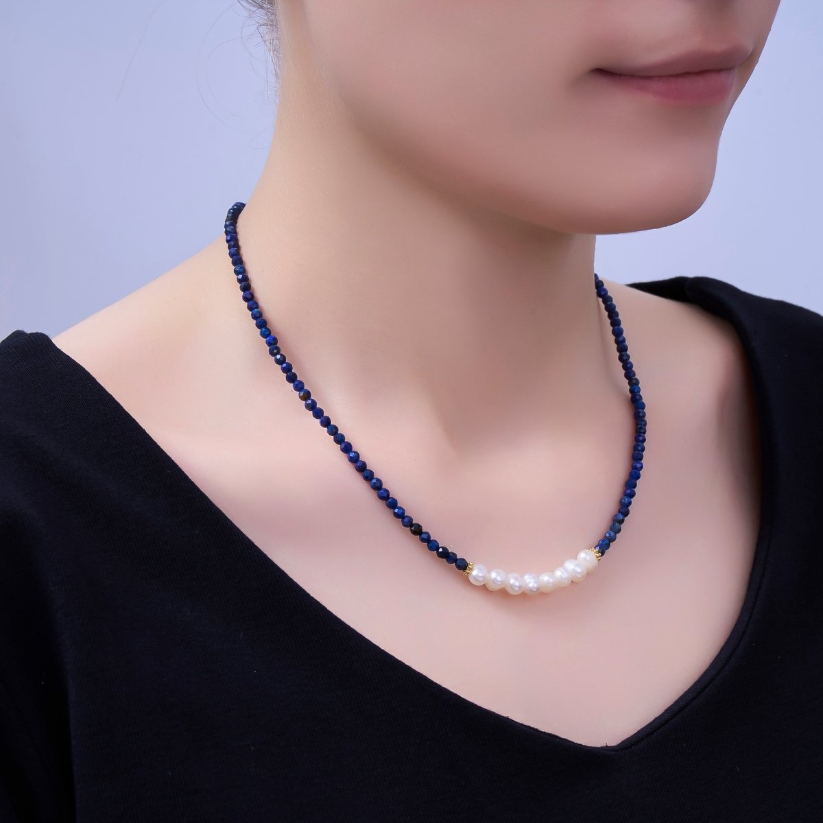 Stainless Steel Freshwater Pearl Lapis Lazuli, Citrine, Amethyst Gemstone 16 Inch Necklace | WA - 3040 ~ WA - 3042 - DLUXCA