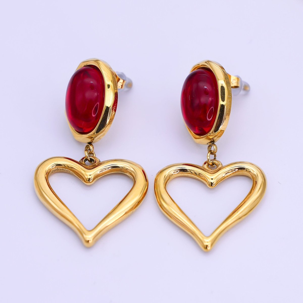 Stainless Steel Gemstone Cabochon Open Heart Drop Stud Earrings | AI534 - DLUXCA