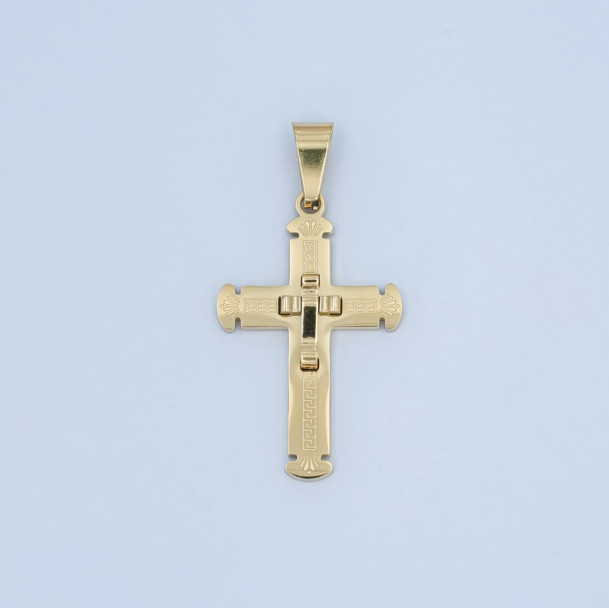 Stainless Steel Geometric Engraved Double Cross Pendant in Gold & Silver | P626 - DLUXCA
