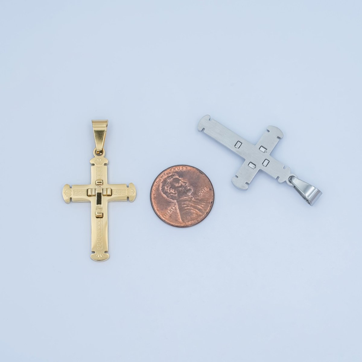 Stainless Steel Geometric Engraved Double Cross Pendant in Gold & Silver | P626 - DLUXCA