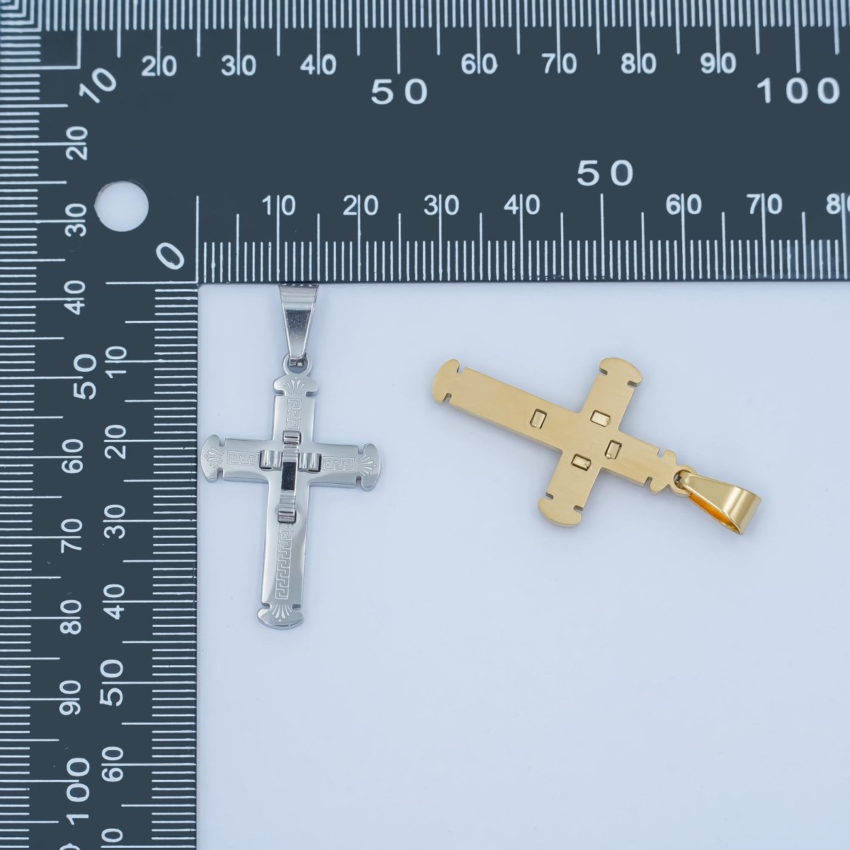Stainless Steel Geometric Engraved Double Cross Pendant in Gold & Silver | P626 - DLUXCA