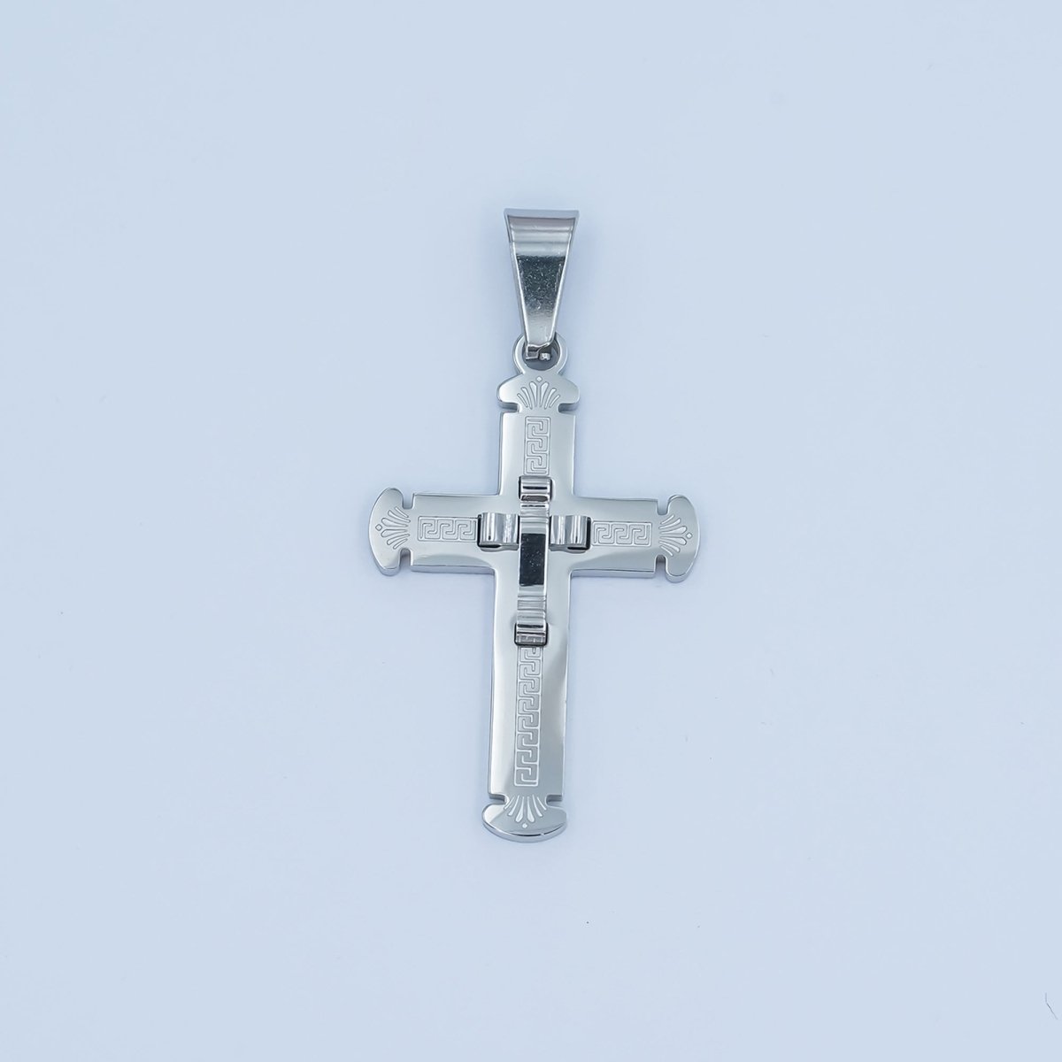 Stainless Steel Geometric Engraved Double Cross Pendant in Gold & Silver | P626 - DLUXCA