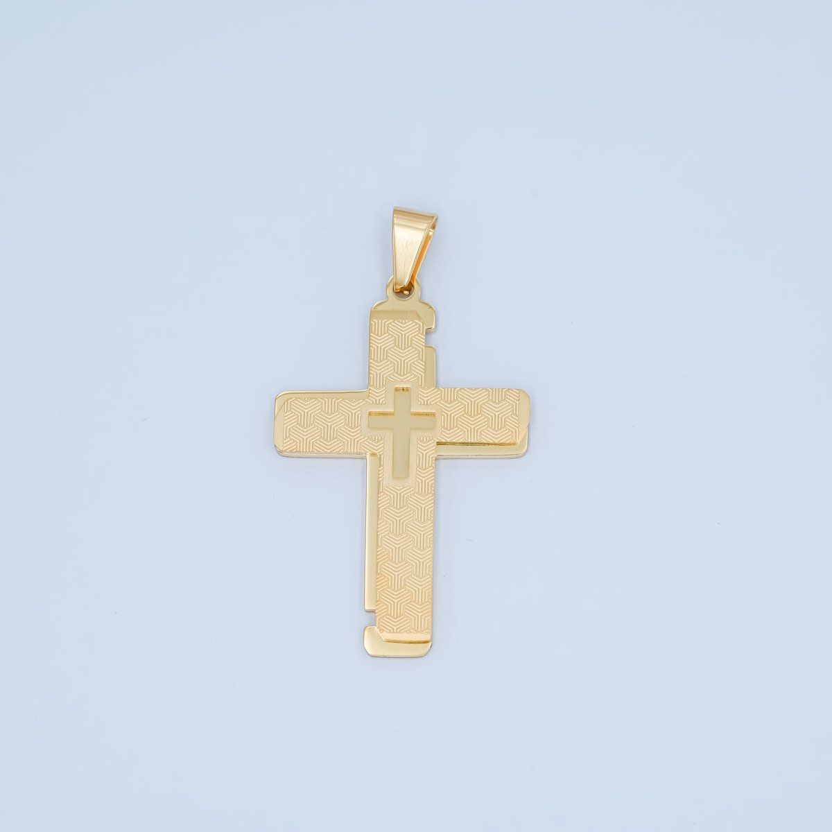 Stainless Steel Geometric Lined Double Cross Pendant in Gold & Mixed Metal | P1049 - DLUXCA