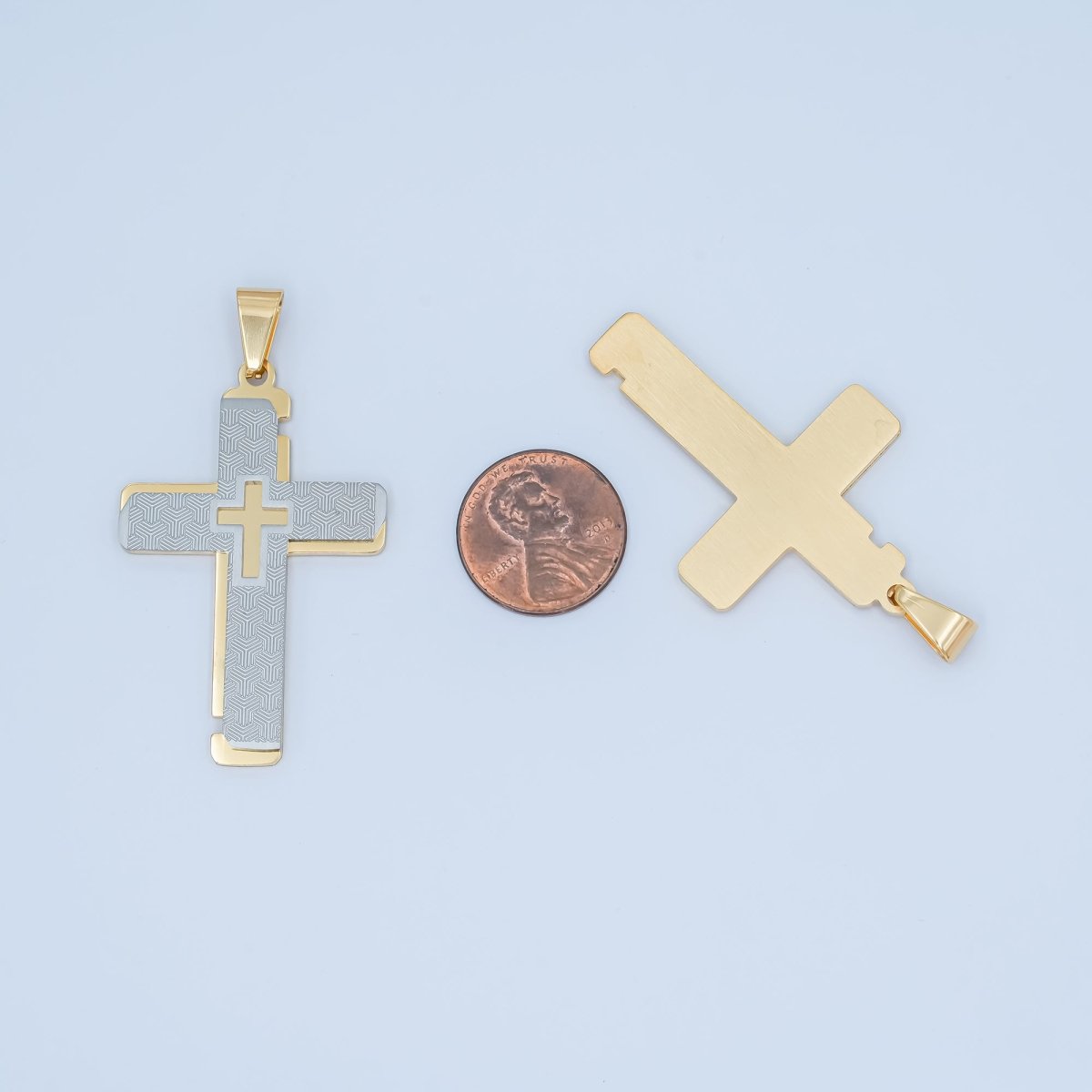 Stainless Steel Geometric Lined Double Cross Pendant in Gold & Mixed Metal | P1049 - DLUXCA