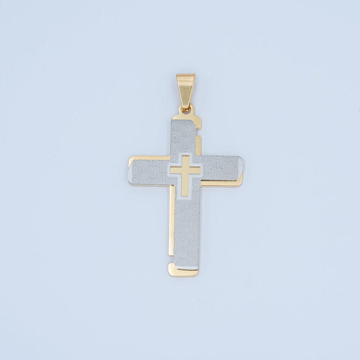 Stainless Steel Geometric Lined Double Cross Pendant in Gold & Mixed Metal | P1049 - DLUXCA