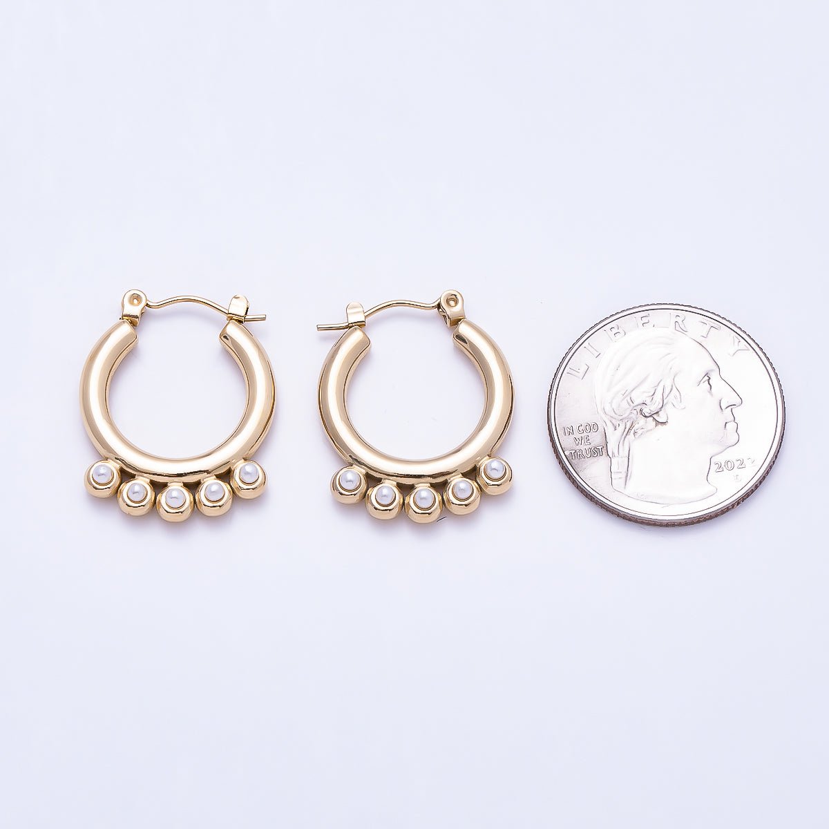 Stainless Steel Gold PVD 23mm Shell Pearl Gemstone Round Drop Latch Hoop Earrings | Earrings-00750 - DLUXCA