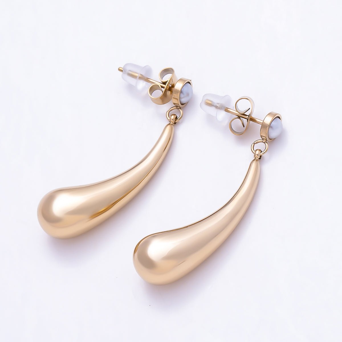 Stainless Steel Gold PVD 30mm Shell Pearl Molten Curved Teardrop Drop Stud | Earrings-00748 - DLUXCA