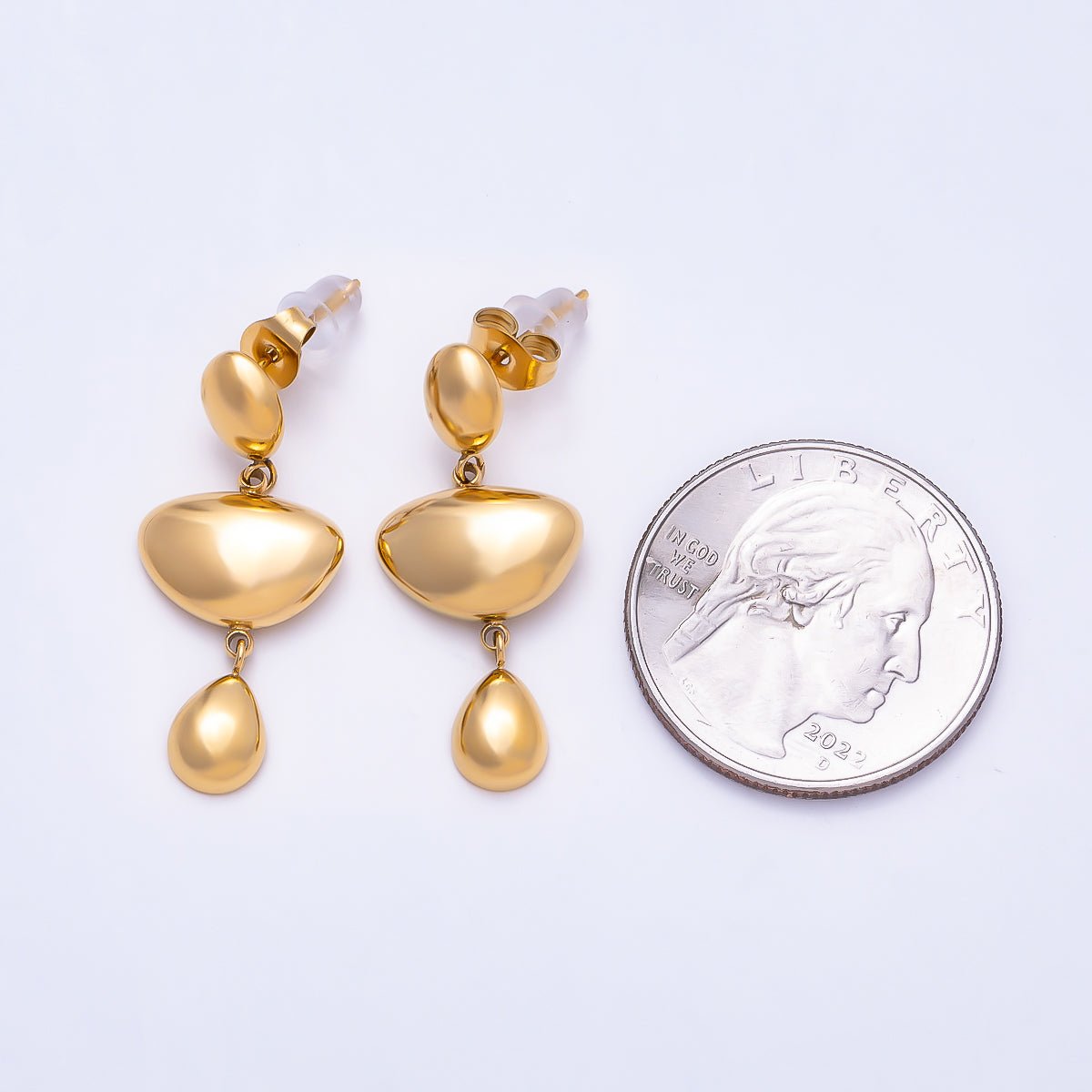 Stainless Steel Gold PVD 30mm Triple Molten Geometric Drop Stud Earrings | Earrings-00741 - DLUXCA